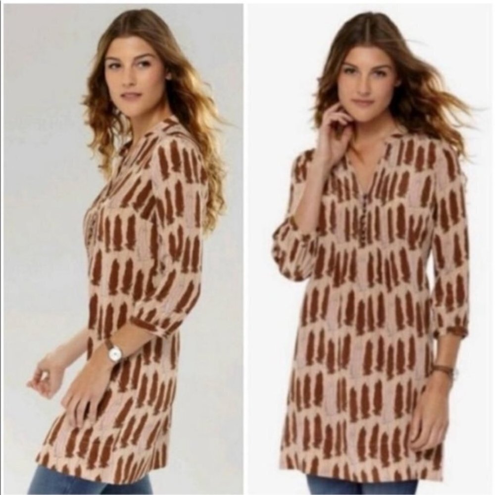 Fossil Riley 100% Silk Feather Pink Brown Button Tunic‎ Dress Size S - Picture 6 of 6